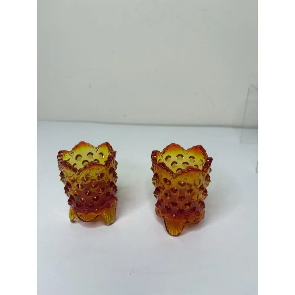 Vintage Fenton Orange Red Amberina Hobnail Footed Toothpick Holder Set of 2